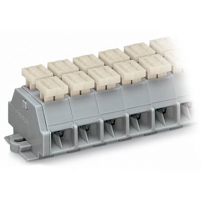 'Eine Reihe von grauen elektrischen Klemmleisten mit beigen Obergteilen, hintereinander angeordnet, die zum Verbinden und Verwalten von Verkabelung in elektrischen Systemen verwendet werden.'