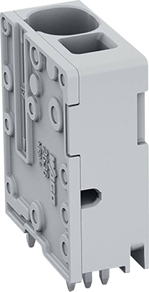 Ein grauer Kunststoff-Elektrostecker mit mehreren Steckplätzen und rechteckiger Form, der für die Befestigung an einer Leiterplatte ausgelegt ist.