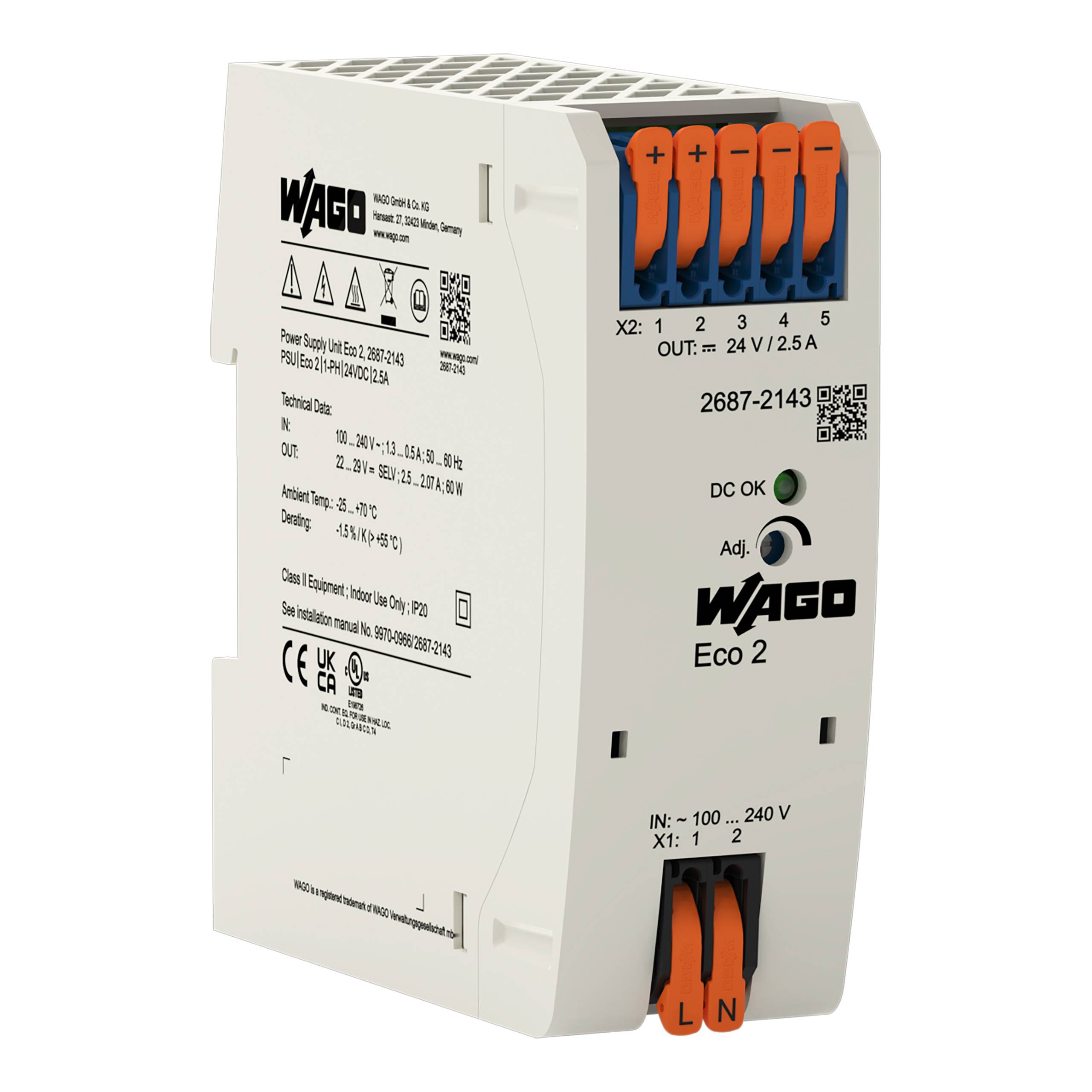 Eine WAGO-Stromversorgungseinheit mit Eingangs- und Ausgangsspezifikationen auf ihrer Oberfläche, mit mehreren Anschlüssen für elektrische Verbindungen.
