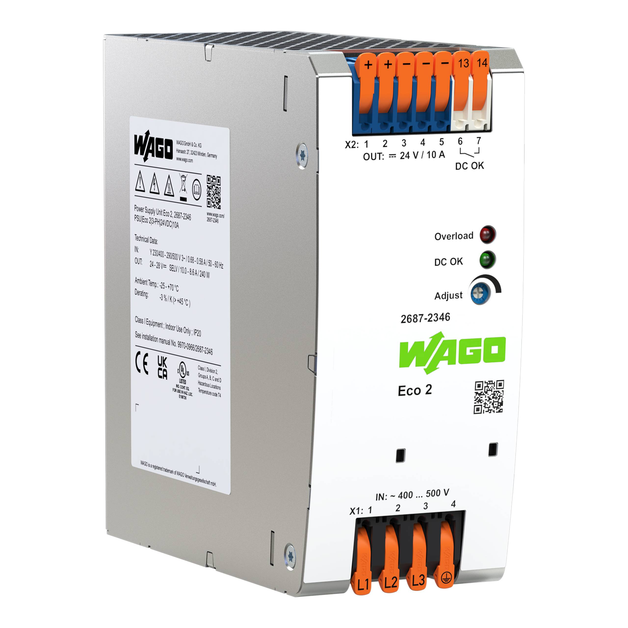 Stromversorgungseinheit für drei Phasen mit der Bezeichnung „WAGO Eco 2", mit Anzeigen für Überlast, DC OK und Anpassung. Anschlüsse und technische Spezifikationen sind sichtbar.