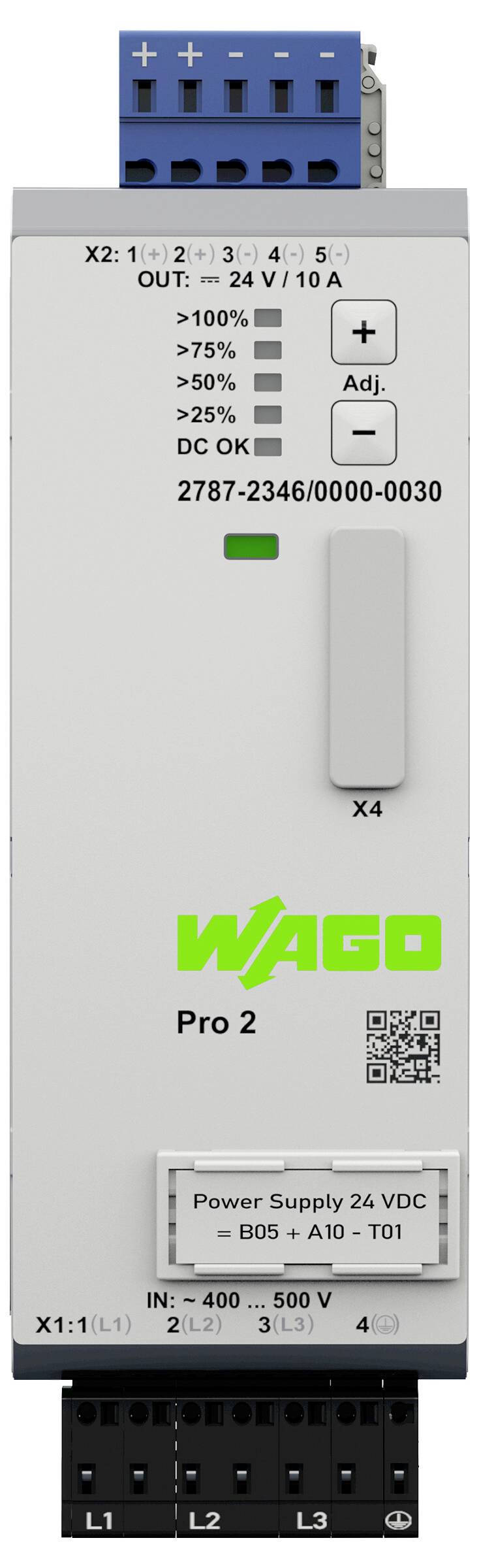 "WAGO Pro 2" Stromversorgungseinheit mit Ein-/Ausgabedetails und Statusindikatoren.