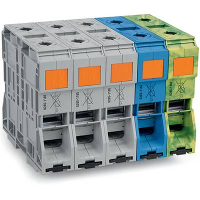 Eine Reihe farbiger elektrischer Klemmleisten für Drahtverbindungen mit modularen Steckverbindern in Grau, Blau und Grün.
