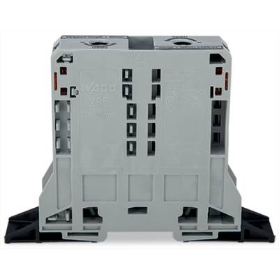 Ein graues WAGO-Klemmleistenblock mit mehreren elektrischen Verbindungspunkten, gekennzeichnet mit "285", mit roten und schwarzen Komponenten auf einer schwarzen Basis.