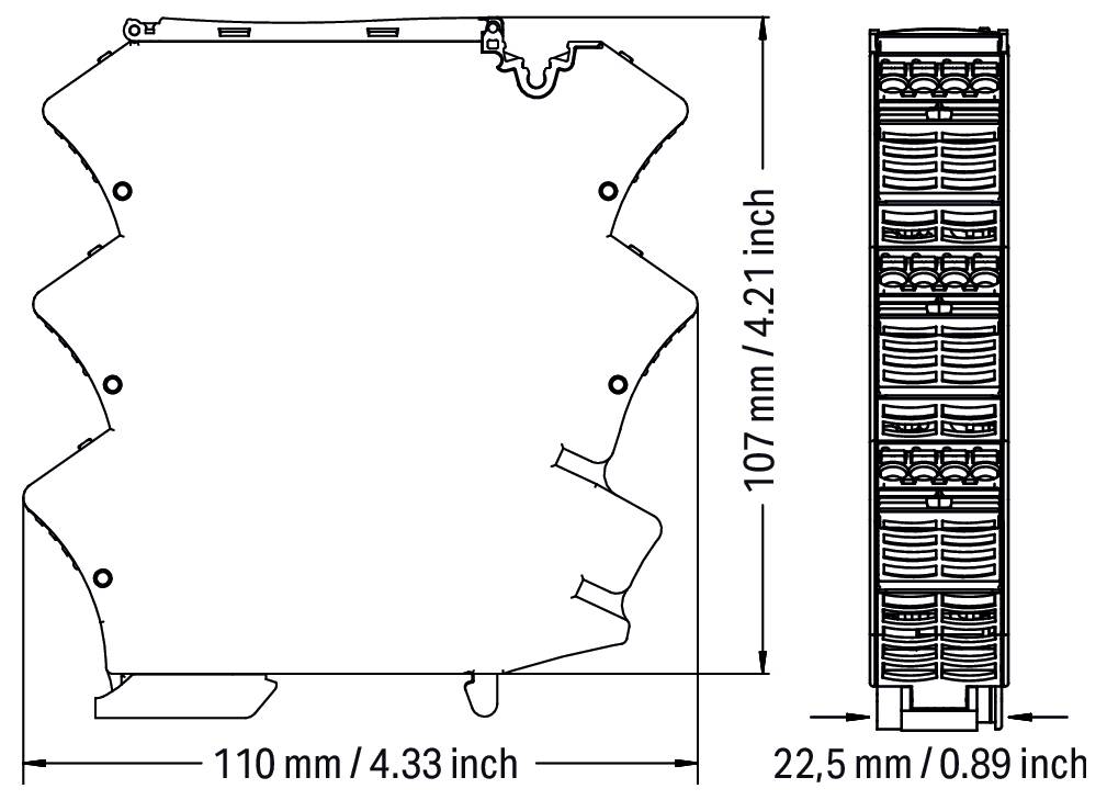Diagramm eines modularen Geräts mit Abmessungen: 110 mm (4,33 Zoll) in der Breite, 107 mm (4,21 Zoll) in der Höhe und 22,5 mm (0,89 Zoll) in der Tiefe.