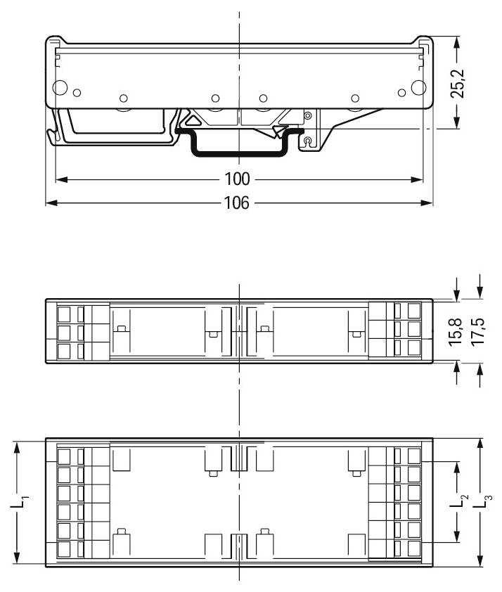 'Technische Zeichnung eines elektronischen Bauteils mit Abmessungen: Höhe 25,2 mm, Breite 106 mm und verschiedenen inneren Maßen.'