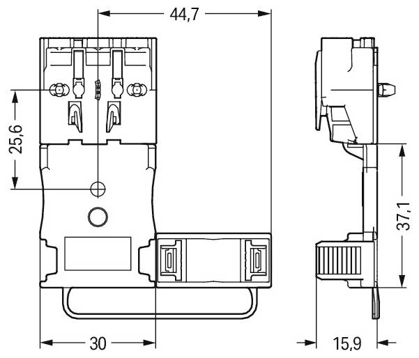 Diagramm einer elektrischen Komponente mit detaillierten Abmessungen: Breite 44,7 mm, Höhe 25,6 mm, Tiefe 30 mm. Seitenansicht Tiefe 15,9 mm, Höhe 37,1 mm.