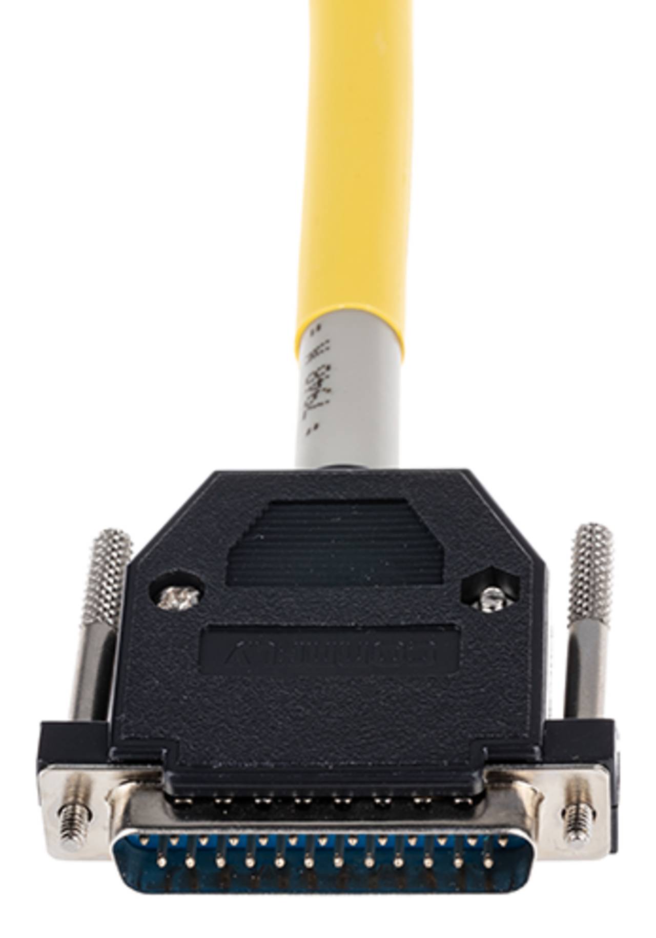 Ein 25-poliger Stecker-D-Sub-Anschluss mit gelbem Kabel, der zum Verbinden elektronischer oder Computergeräte verwendet wird.