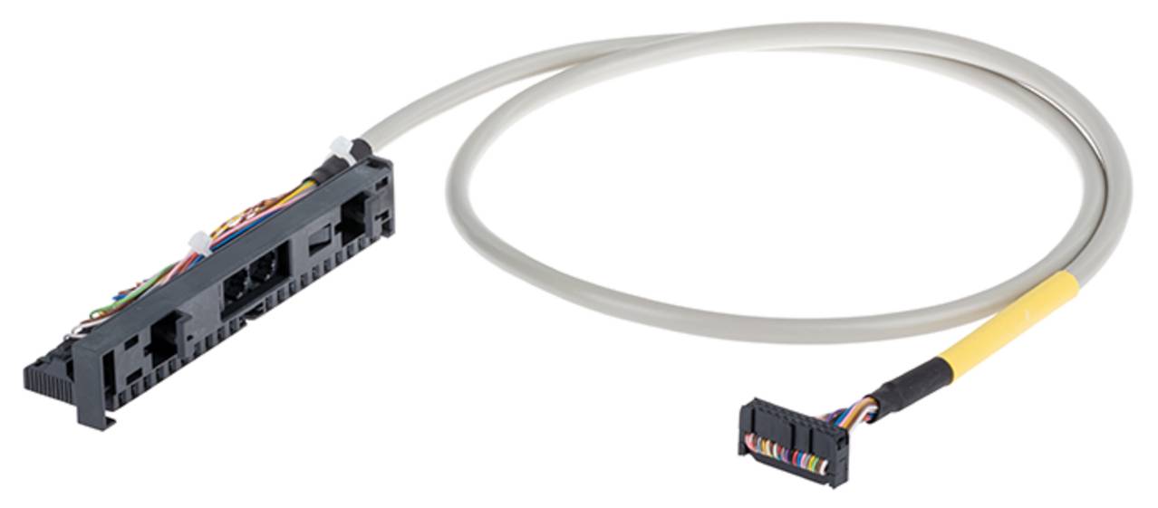 Ein graues Computerkabel mit einem Stecker an einem Ende und einem Multi-Wire-Anschluss am anderen Ende, das für interne Hardwareverbindungen verwendet wird.