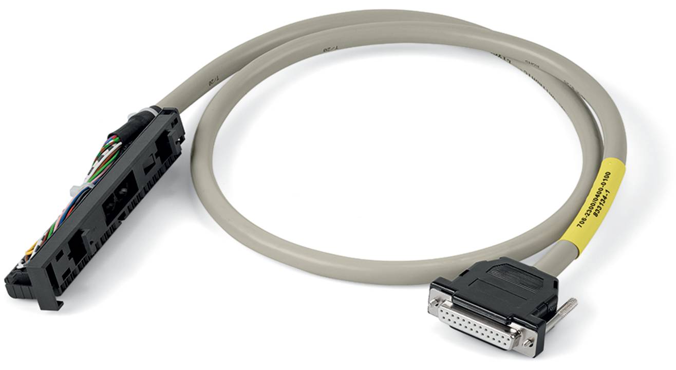 Ein graues Kabel mit einem 26-poligen Stecker auf der einen Seite und Verdrahtung auf der anderen Seite, das zum Verbinden elektronischer Geräte verwendet wird.