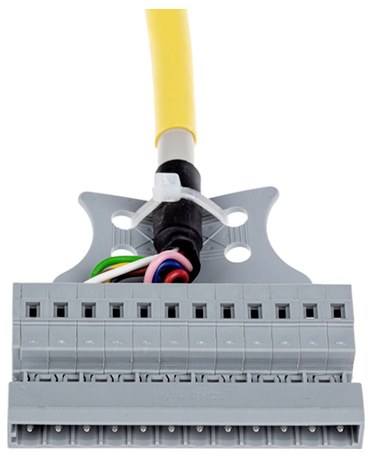 Ein gelbes Kabel, das mit einem grauen Multi-Slot-Stecker mit verschiedenfarbigen Drähten verbunden ist.