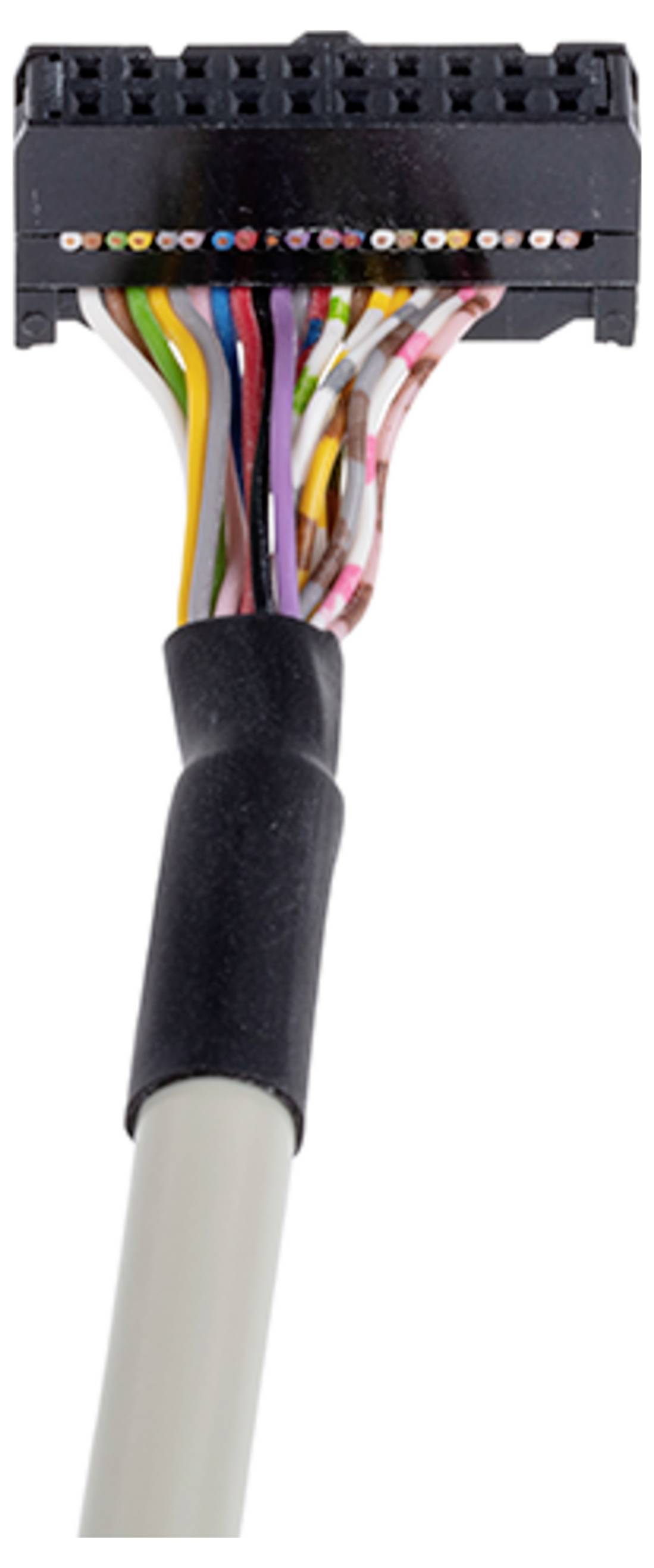 Ein mehrfarbiges Kabel mit mehreren Drähten, von denen jeder mit einer anderen farbigen Isolierung umwickelt ist, verbunden mit einem schwarzen Kunststoffstecker.