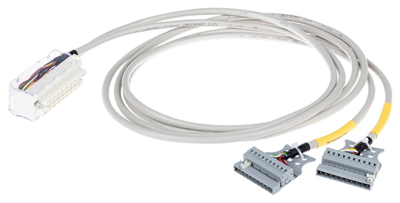 Ein graues Multi-Core-Steuerkabel mit einem transparenten Stecker an einem Ende und zwei grauen Steckern mit Beschriftungen am anderen Ende.