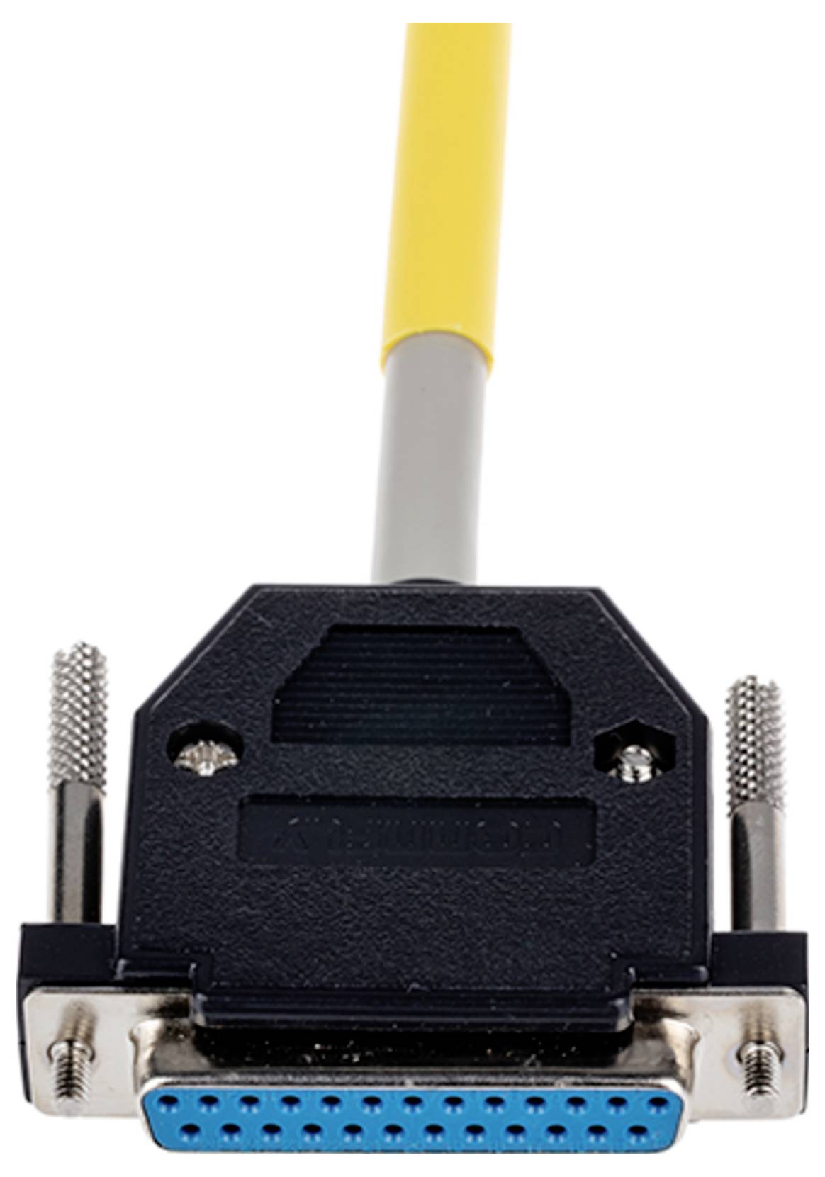 Stecker mit mehreren Stiften, schwarzes Gehäuse und gelbes Kabel.