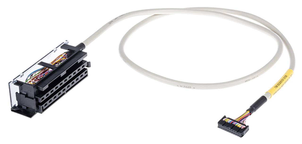 Ein weißes Flachbandkabel mit einem mehrpoligen rechteckigen Stecker an einem Ende und einem Stecker mit mehrfarbigen Drähten am anderen Ende.