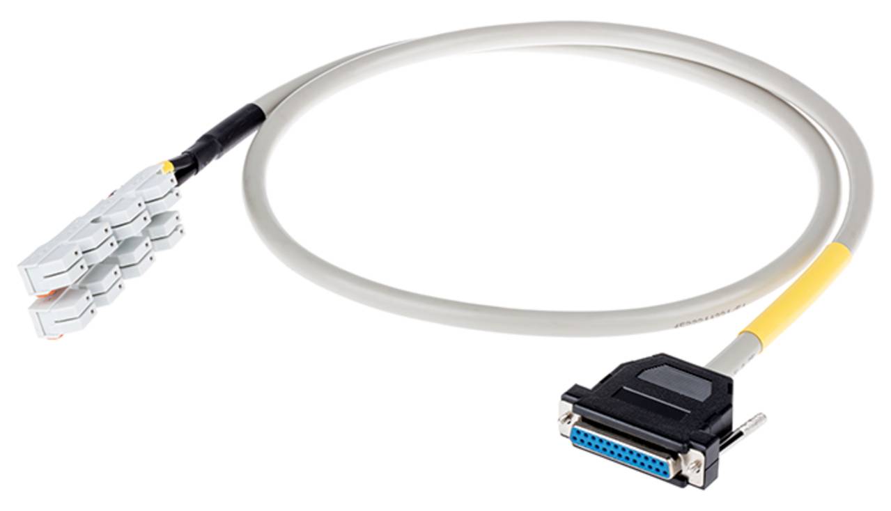 Ein Faseroptik-Breakout-Kabel mit vier LC-Steckverbindern auf der einen Seite und einem 36-poligen Centronics-Stecker auf der anderen Seite, das zur Datenübertragung verwendet wird.