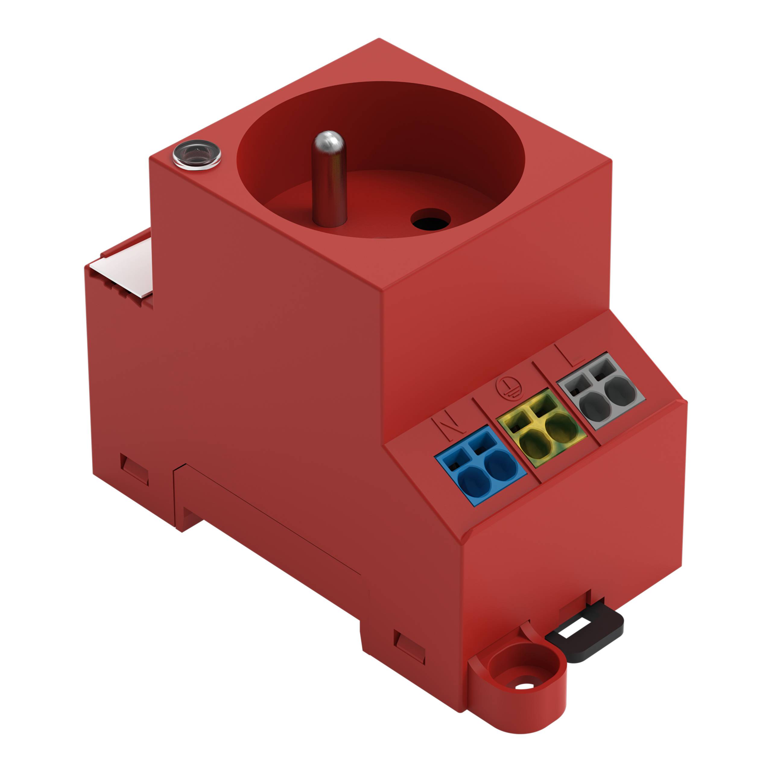 Rotes Elektrogerät mit einer kreisförmigen Steckdose oben, das farbige Anschllusspunkte mit den Bezeichnungen „N" und „L" aufweist und für die Stromverteilung ausgelegt ist.