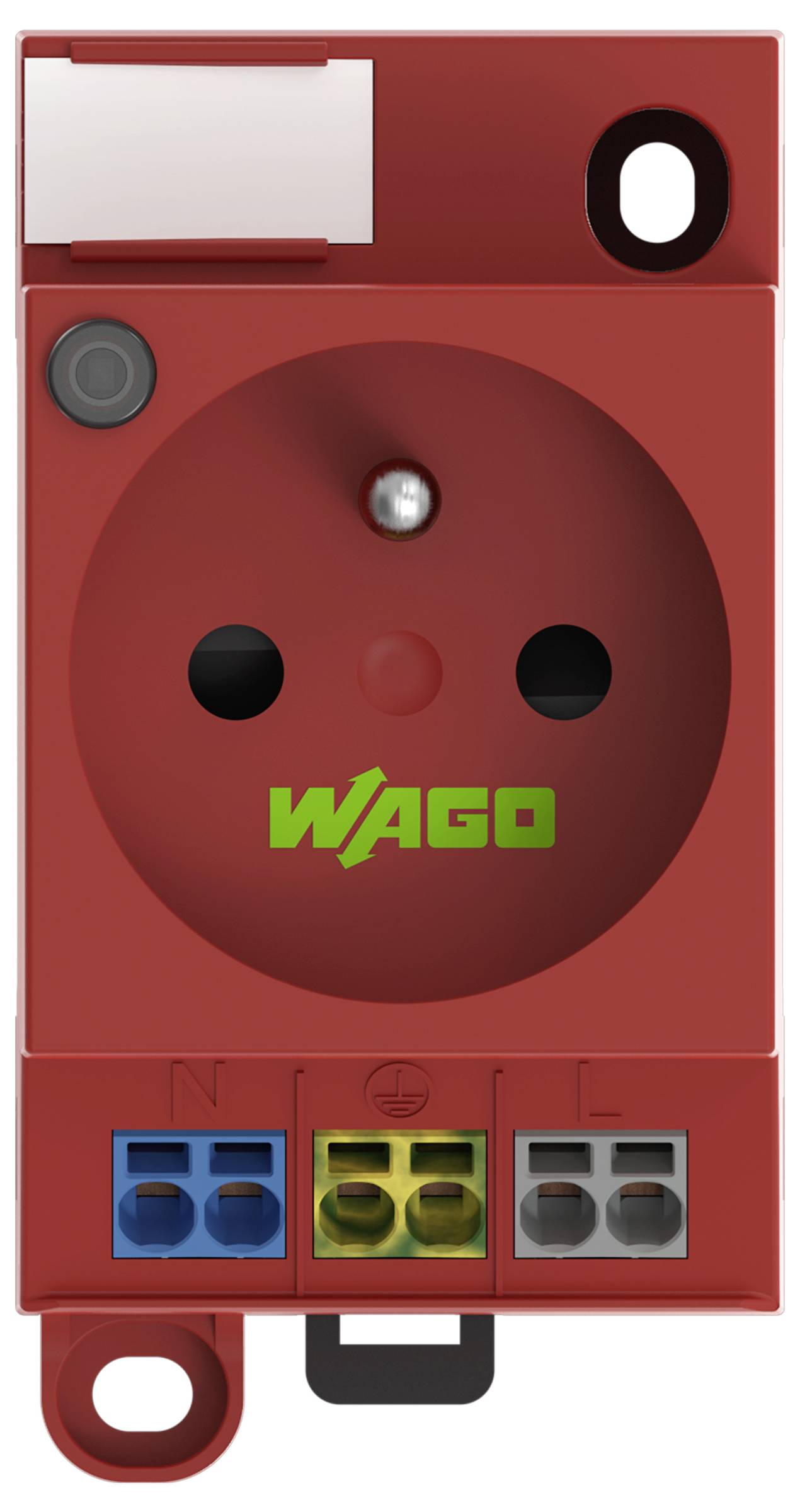 Rote Steckdose mit Schalter und WAGO-Branding mit blauen, gelben und weißen Anschlussblöcken mit den Bezeichnungen N und L für Verdrahtungsverbindungen.