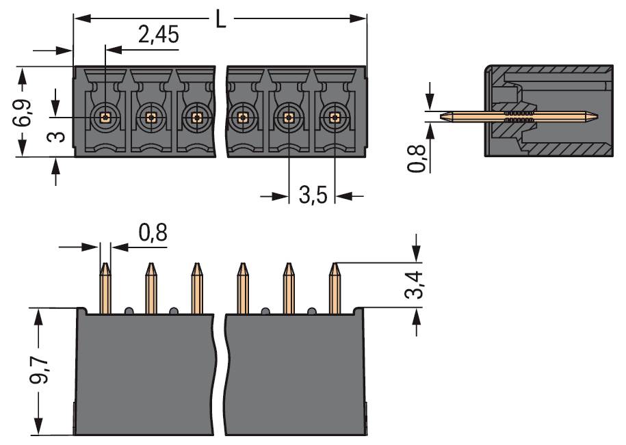 Technische Zeichnung eines elektrischen Steckers mit Abmessungen. Die Vorderansicht zeigt eine Höhe von 6,9 mm, eine Länge von 2,45 mm und eine Breite von 3,5 mm. Die Seitenansicht zeigt eine Stifthöhe von 3,4 mm und einen Durchmesser von 0,8 mm.