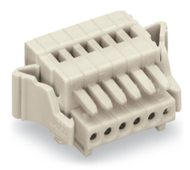 Ein beige farbiger, sechspoliger elektrischer Stecker mit Schlitzen und Kontakten, der für die Verdrahtung oder elektronische Baugruppen verwendet wird.