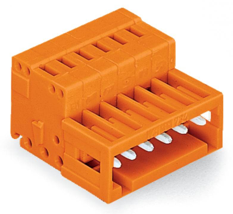 Orange-farbiger Elektrostecker mit mehreren Schlitzen und sichtbaren Metallkontakten, der zur Befestigung auf einer Leiterplatte ausgelegt ist.