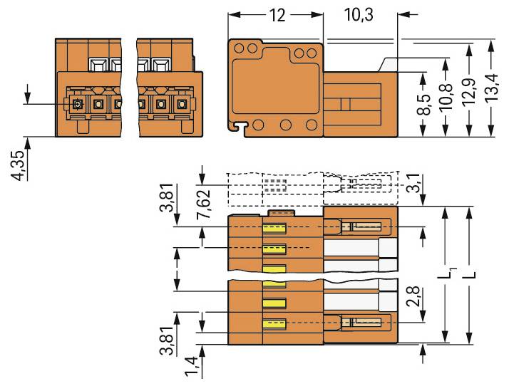 Technisches Diagramm eines orangefarbenen elektrischen Steckers mit Abmessungen in Millimetern. Wichtigste Messungen: 12 mm Breite, 3,81 mm Pinabstand.