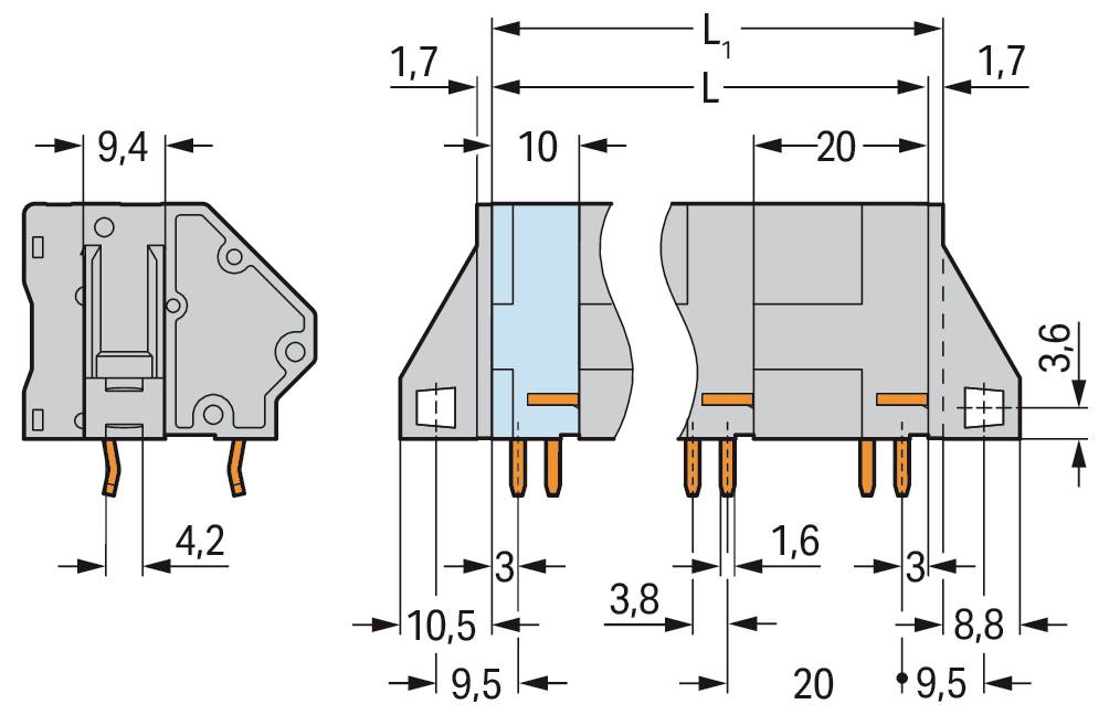 'Detailliertes Anschlussdiagramm mit Abmessungen: 24,7 x 27,8 mm auf der linken Seite, 38,5 mm auf der rechten Seite, beide Enden ø 10 mm, Gesamtlänge L.'