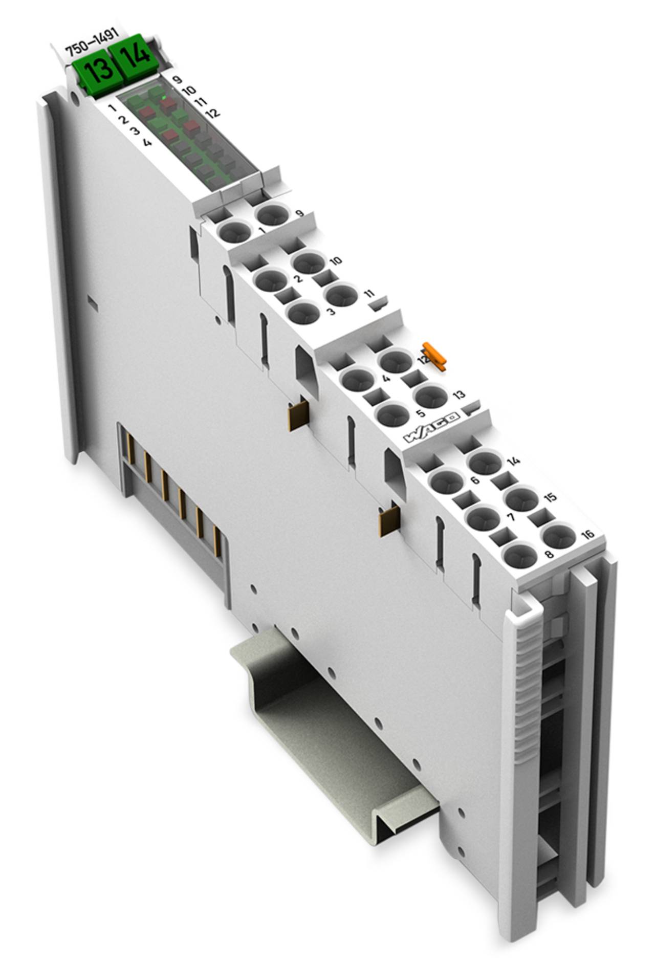 Ein weißes elektronisches Klemmleistenmodul mit mehreren Anschlüssen und grünem "13/14"-Etikett auf der Oberseite, montiert auf einer Metallschiene.