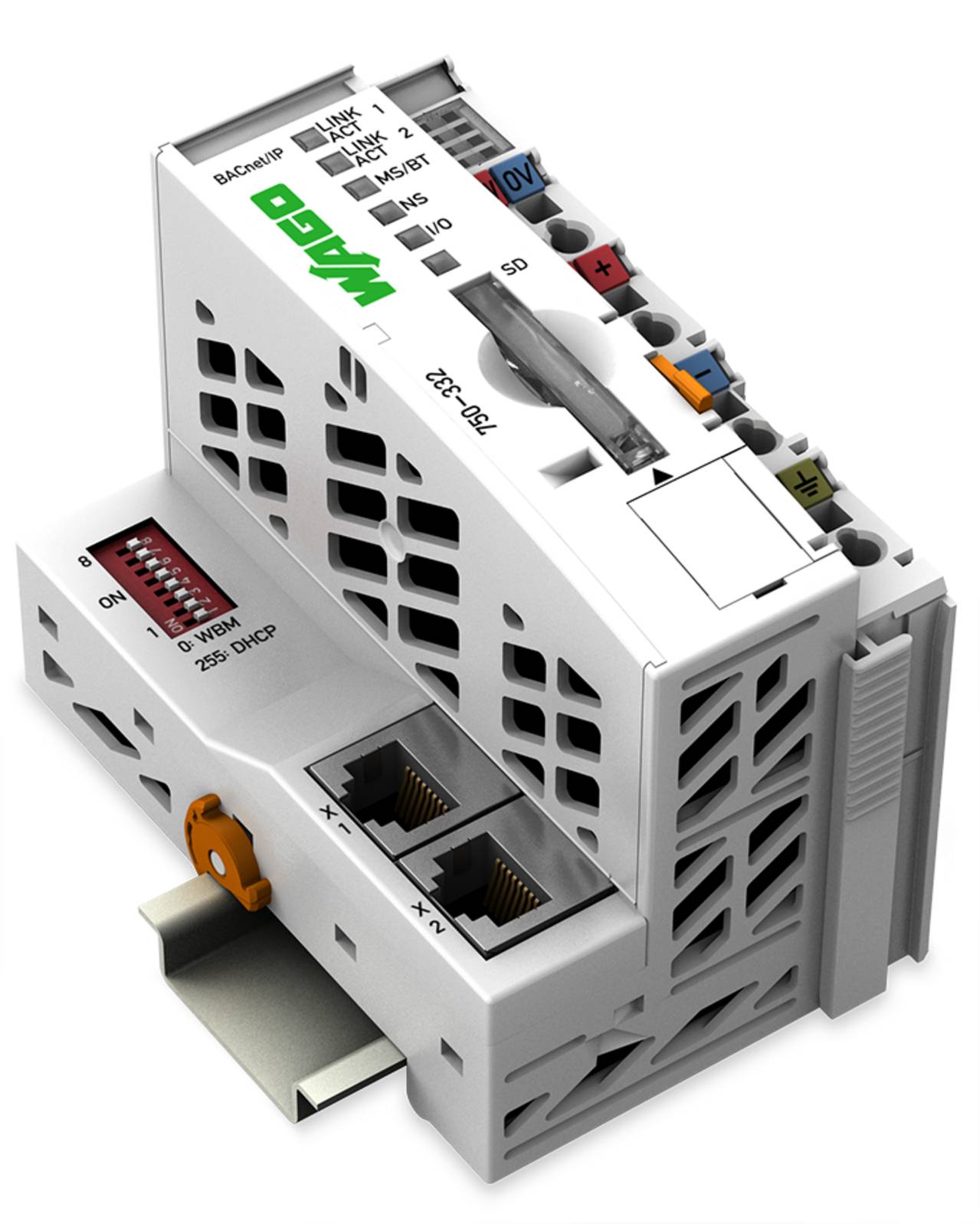 Ein kompaktes elektronisches Modul mit verschiedenen Anschlussports und Schaltern, gekennzeichnet mit Wörtern wie 'WAGO', konzipiert für den Industrieeinsatz.