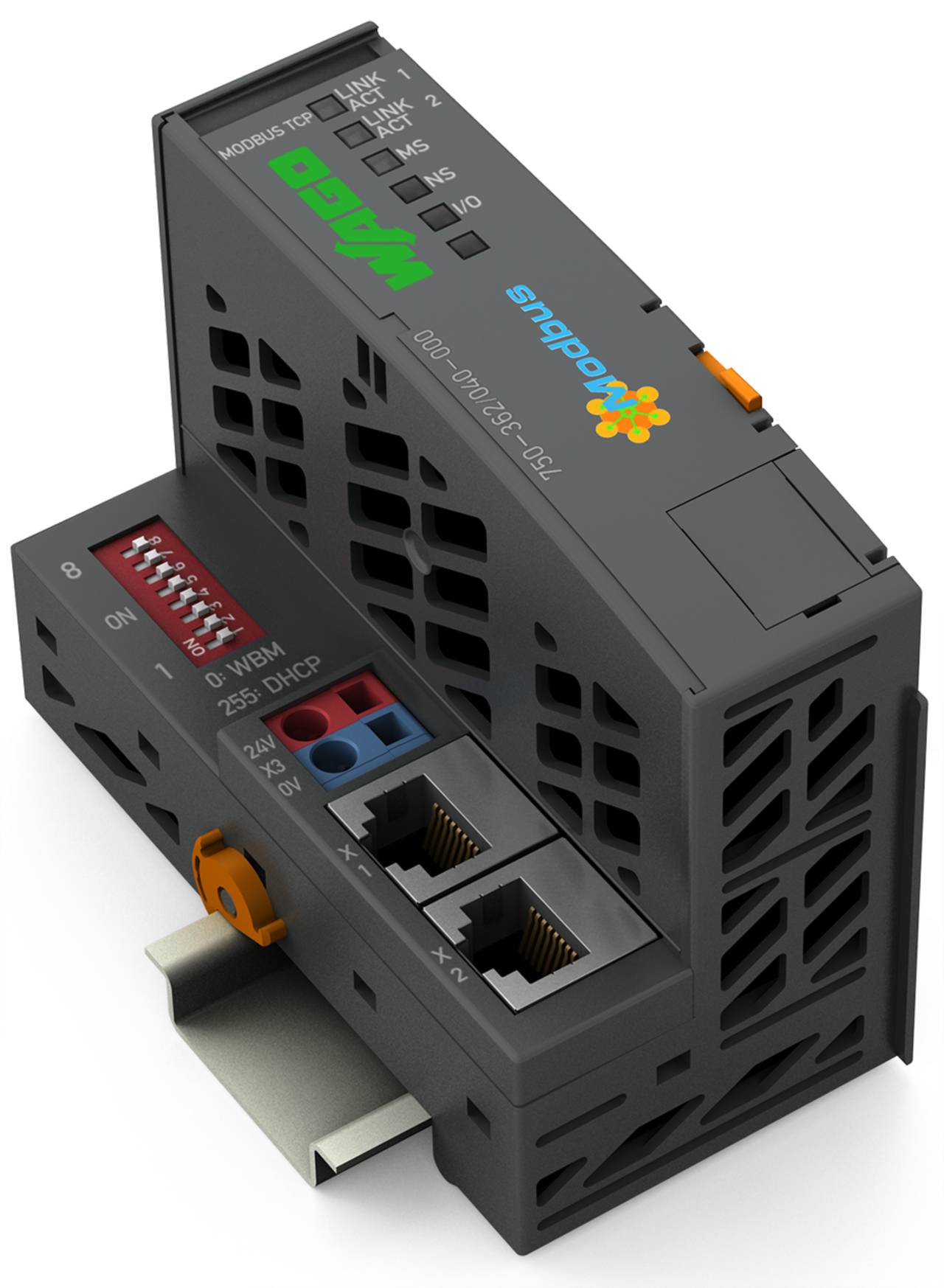 DIN-Schienenmontiertes Industriemodul mit Ethernet-Anschlüssen und Schalter, gekennzeichnet mit "WAGO". Bietet Steckplätze für zusätzliche Verbindungen.