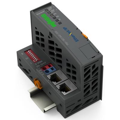 Ein kompaktes Industrial-Ethernet-Gerät mit mehreren Anschlussanschlüssen und Konfigurationsschaltern für die Netzwerkintegration und Steuerung.