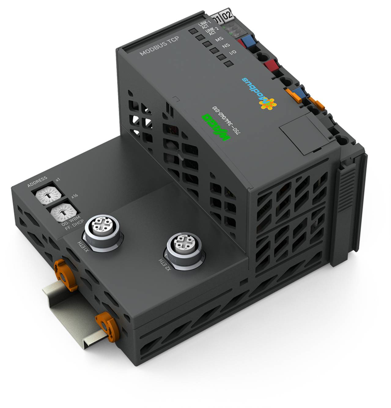 Industrieller Ethernet-Switch, schwarz mit mehreren Anschlüssen, mit der Bezeichnung „MODBUS-TCP". Konzipiert für die Vernetzung in Automatisierungsanwendungen.