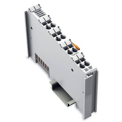 Ein graues elektronisches Klemmenblock mit mehreren Kabelanschlüssen und einer Montageklammer.