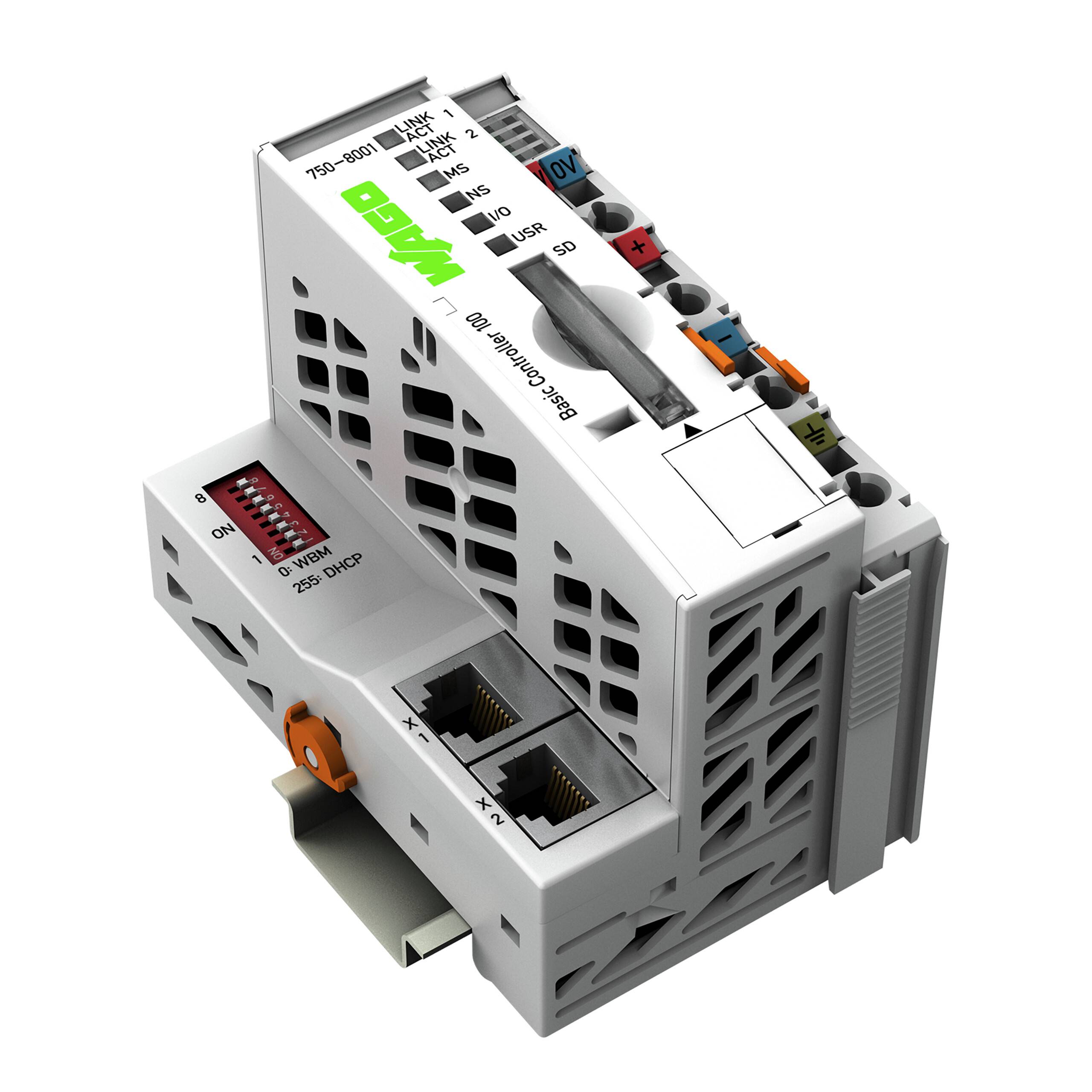 Ein weißes elektrisches Klemmenblöck mit beschrifteten Anschlüssen und Steckverbindern, versehen mit Schaltern und dualen Ethernet-Anschlüssen, auf einer Schiene montiert.