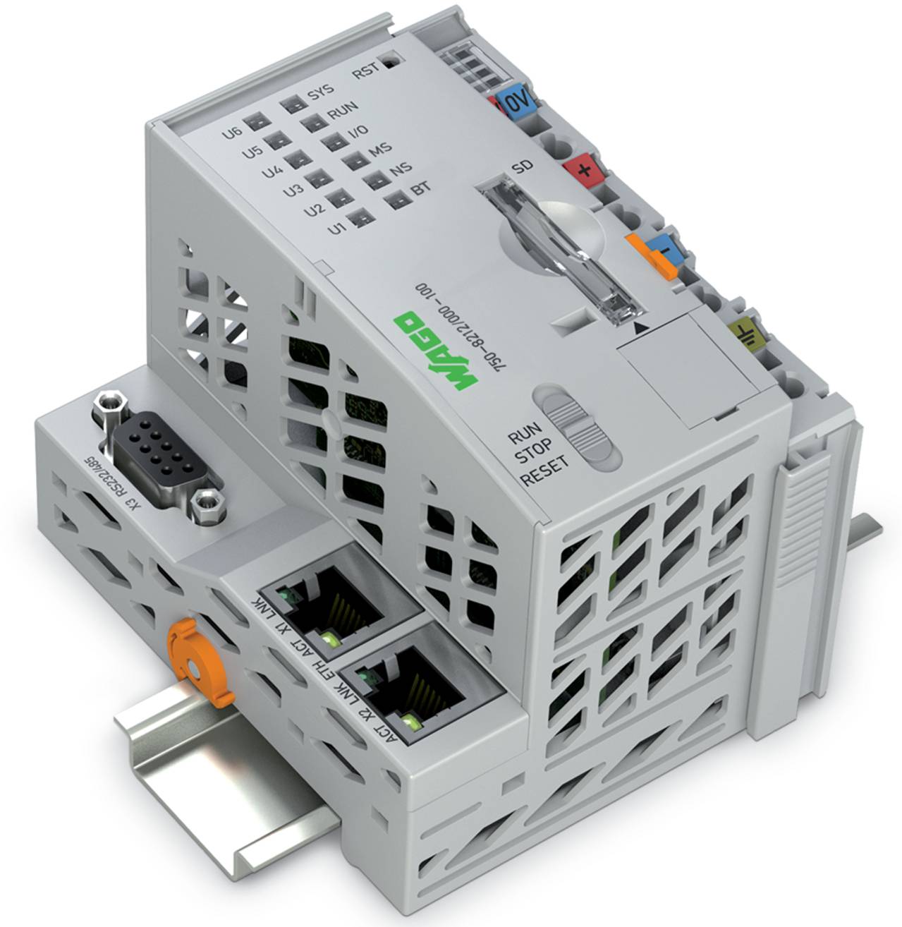Ein kompakter, modularer Automatisierungsregler mit gekennzeichneten Abschnitten für Ein-/Ausgänge, Kommunikationsanschlüsse und ein Statusdisplay.