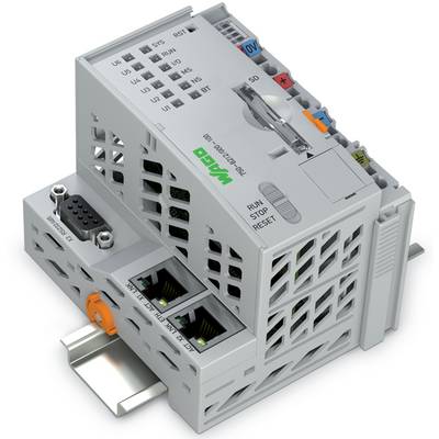 Ein kompakter, modularer Automatisierungsregler mit gekennzeichneten Abschnitten für Ein-/Ausgänge, Kommunikationsanschlüsse und ein Statusdisplay.