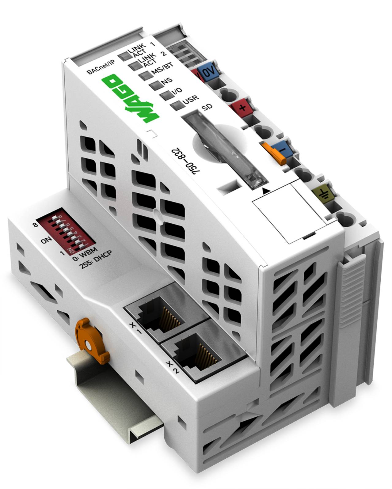 Ein kompaktes Industrieautomatisierungsmodul mit zwei Ethernet-Anschlüssen auf der Unterseite, verschiedenen Anschlüssen auf der Oberseite und einem gekennzeichneten LED-Anzeigefeld.
