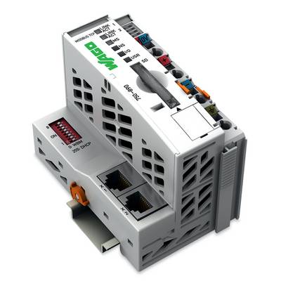 Ein programmierbarer Logikcontroller mit verschiedenen Anschlüssen, Schaltern und LEDs. Mit dem Label "WAGO" gekennzeichnet, mit Netzwerk- und Stromversorgungsanschlüssen.