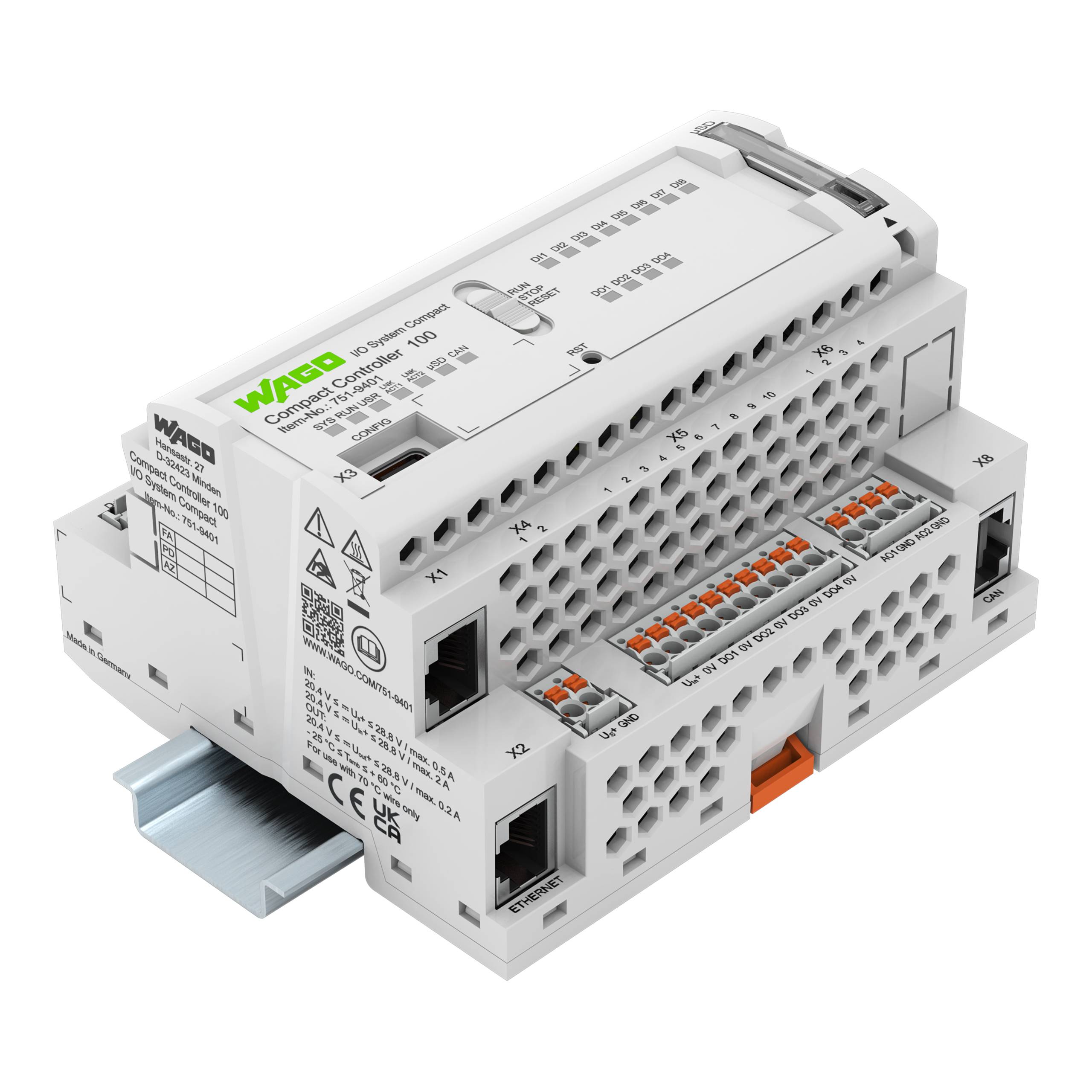 Ein Industrieautomatisierungsgerät mit mehreren Anschlussanschlüssen, mit der Bezeichnung WAGO, konzipiert für elektrische Verkabelung und Steuersysteme.