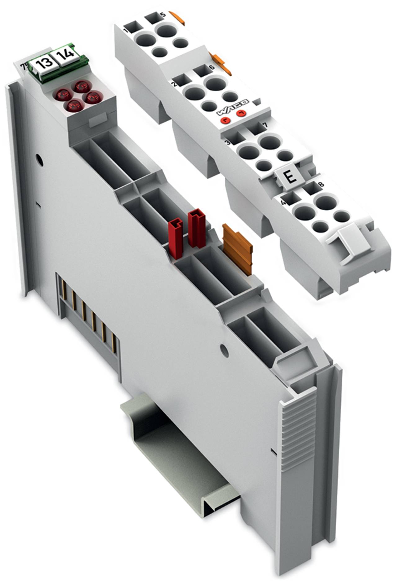 Ein modulares Elektroklemmenblock mit gekennzeichneten Anschlüssen und abnehmbaren Komponenten, das verschiedene Verbindungspunkte und Verdrahtungsnuten zeigt.