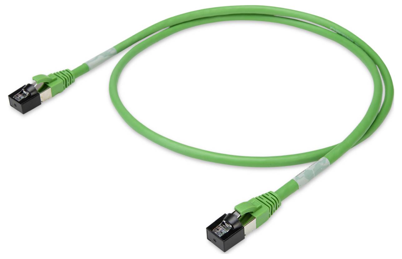 Ein grünes Ethernet-Kabel mit Steckverbindern an beiden Enden, das für Netzwerk- oder Internetverbindungen verwendet wird.