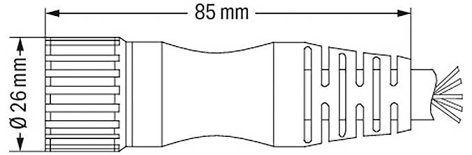 Eine technische Zeichnung eines zylindrischen Objekts mit einem zentralen gekrümmten Abschnitt. Abmessungen sind gekennzeichnet: 85 mm Länge und 26 mm Durchmesser.