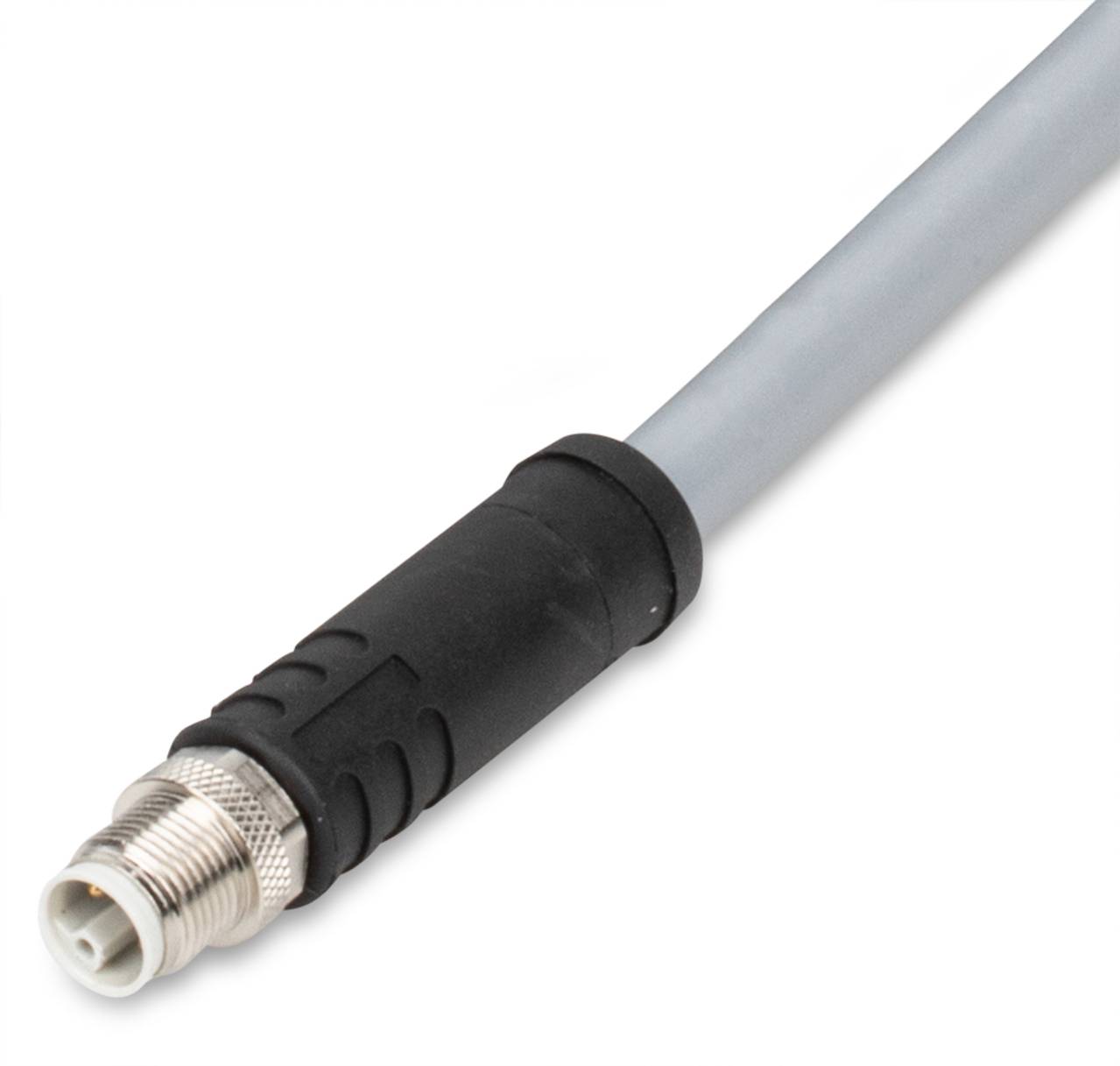 Ein zylindrischer Sensorkabel mit einem Metallstecker, der an einem schwarzen und grauen Kabel befestigt ist.