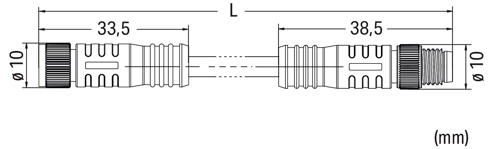 Strichzeichnung eines zylindrischen Steckers mit einem Durchmesser von 10 mm und einer Länge von 33,5 mm. Mit Längen- (L) und Durchmesser- (ø) Abmessungen beschriftet.