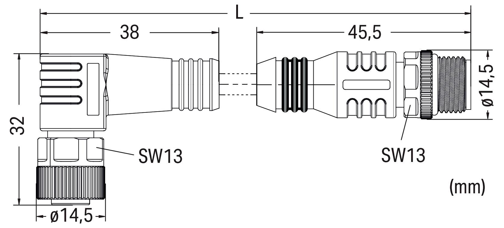 Technische Zeichnung eines Steckerverbinders mit gekennzeichneten Abmessungen: Längensektionen 38 mm und 38,5 mm, Durchmesser 14,5 mm und 10 mm sowie SW13.