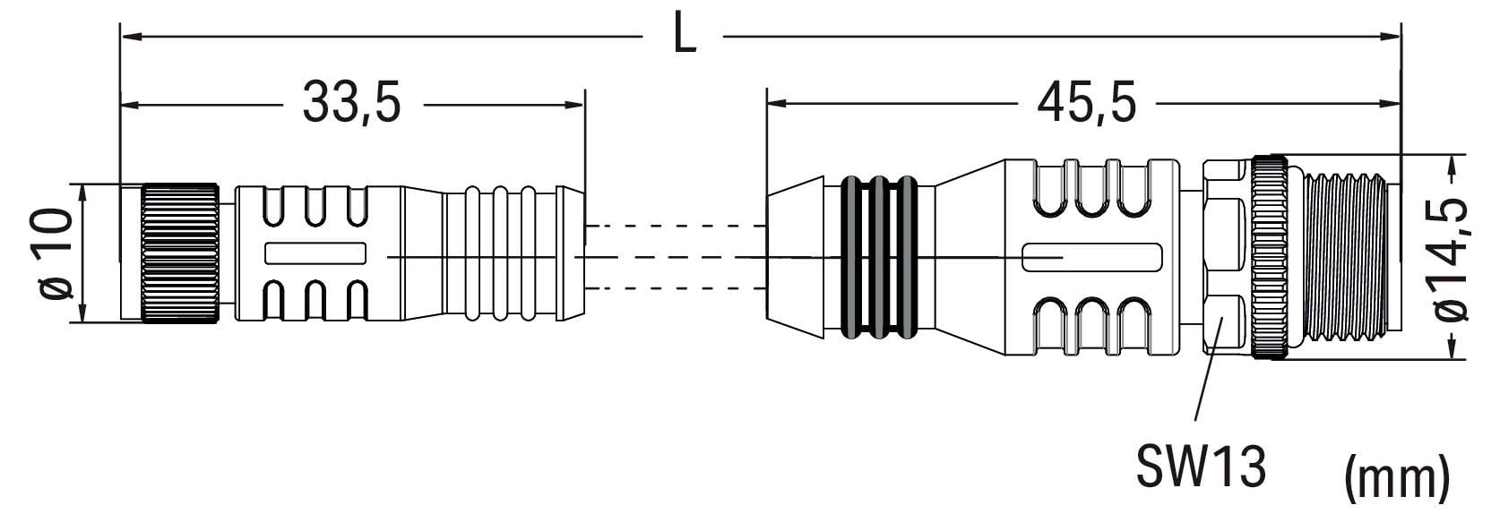 Technische Zeichnung eines zylindrischen Steckers mit zwei Enden; jedes Ende mit SW13 gekennzeichnet. Länge beträgt 45,5 mm auf jeder Seite, Gesamtlänge L. Durchmesser beträgt 14,5 mm.