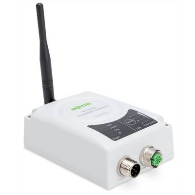 Ein weißes kabelloses Kommunikationsmodul mit Antenne, ausgestattet mit LAN- und Diagnose-Anschlüssen, das für industrielle Netzwerkanwendungen verwendet wird.