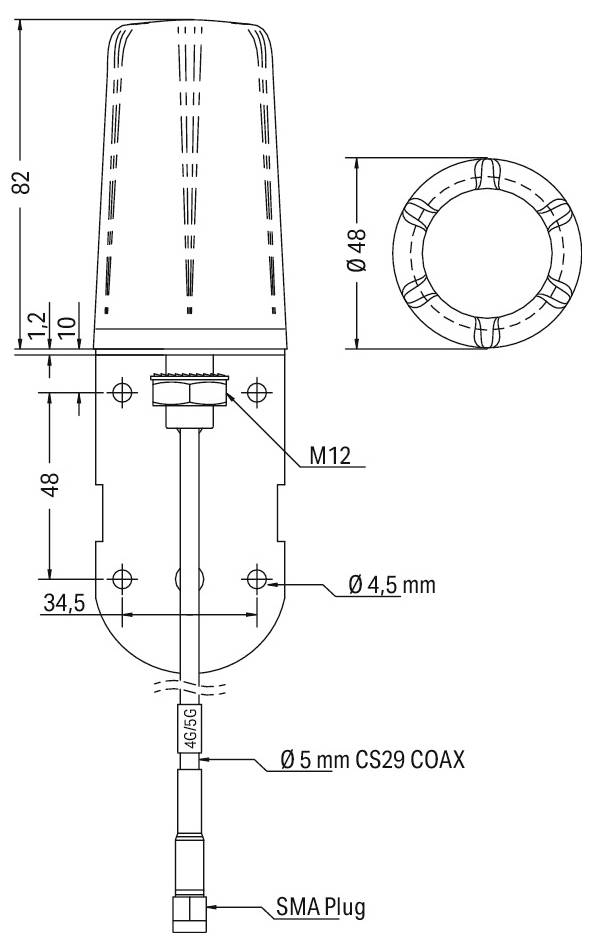 Technische Zeichnung einer zylindrischen Antenne mit Abmessungen: Höhe 82 mm, Durchmesser 48 mm. Ausgestattet mit M12-Stecker, 4,5 mm Kabel.