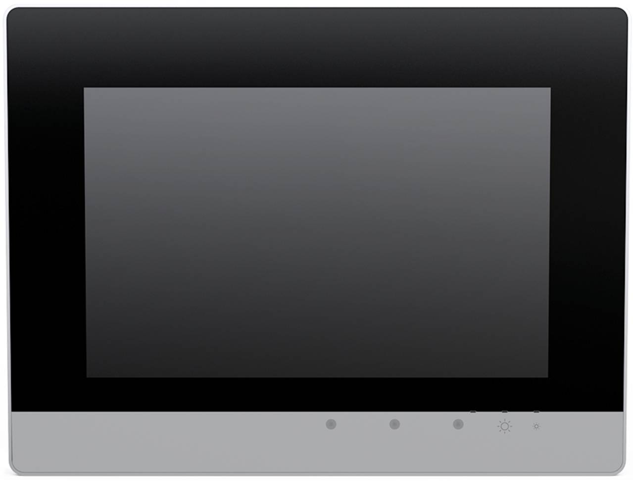 Ein schwarzes und graues rechteckiges elektronisches Gerät, das einem flachen Bildschirm oder Monitor ähnelt, mit mehreren kleinen runden Tasten unter dem Bildschirm.