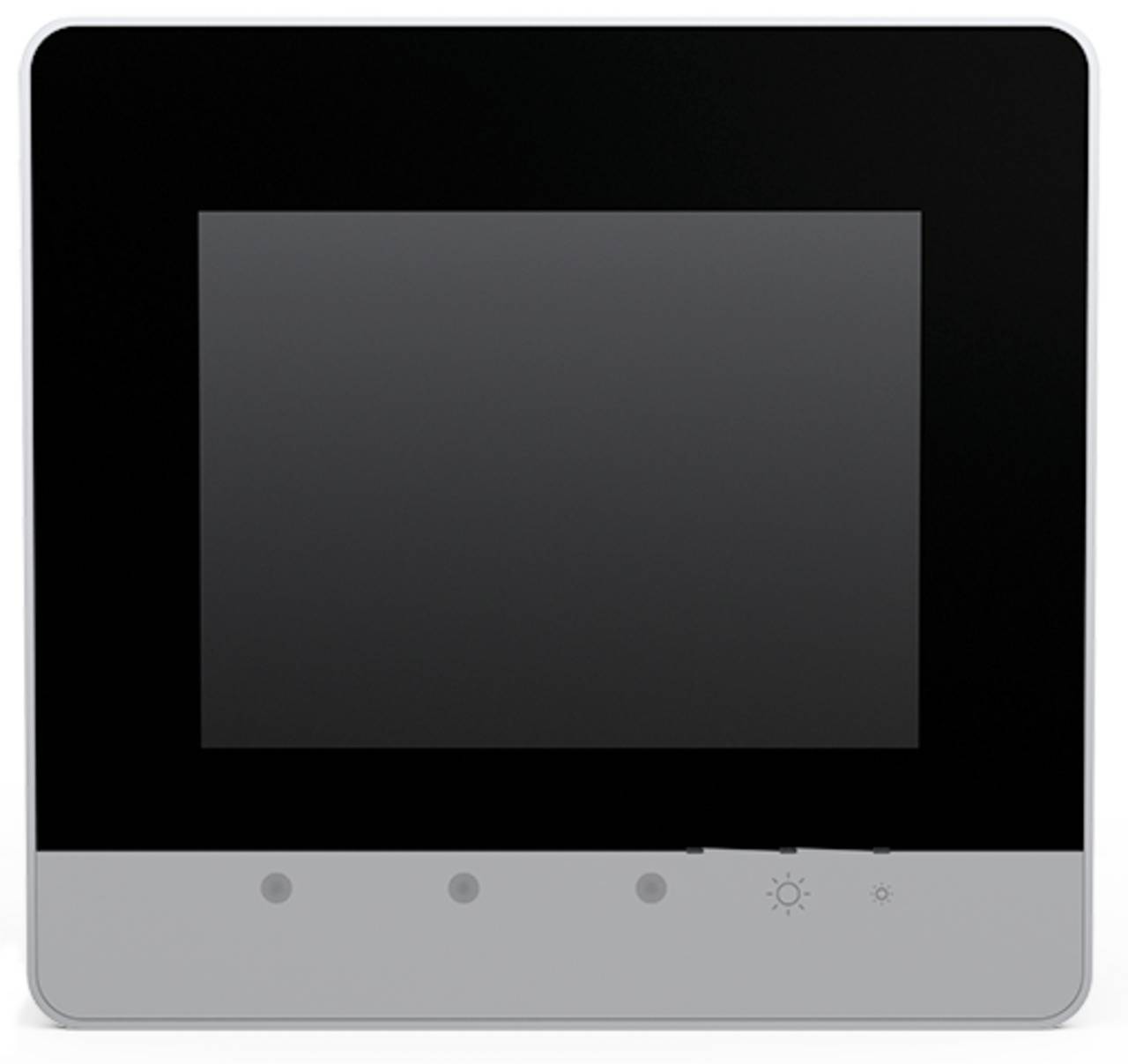 'Ein schwarz-grau Touchscreen-Bedienfeld mit Symbolen für Einstellungen und Helligkeitsregelung unten.'
