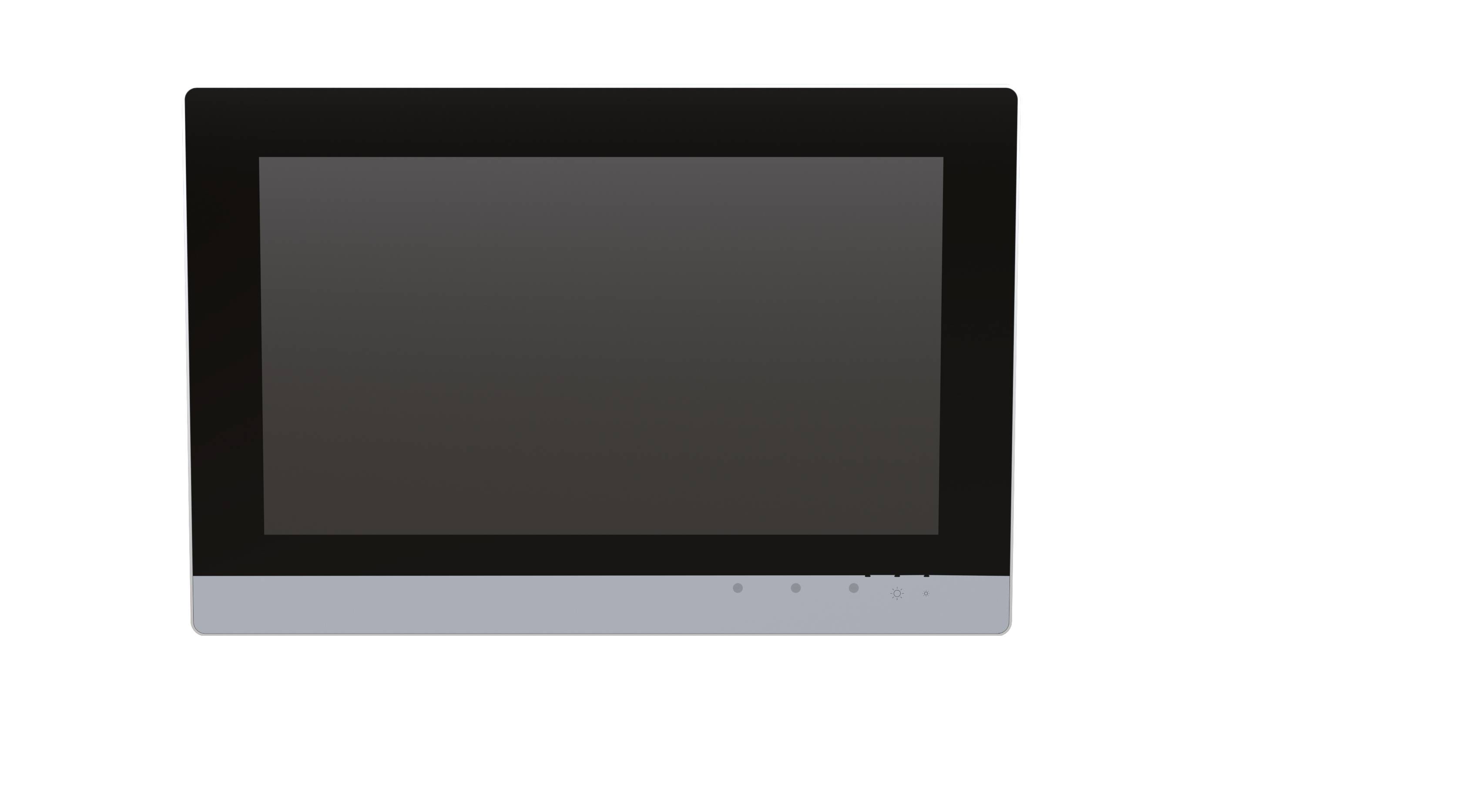 Ein Flachbildfernseher oder Monitor mit schwarzem Bildschirm und grauem Rahmen, positioniert vor weißem Hintergrund.